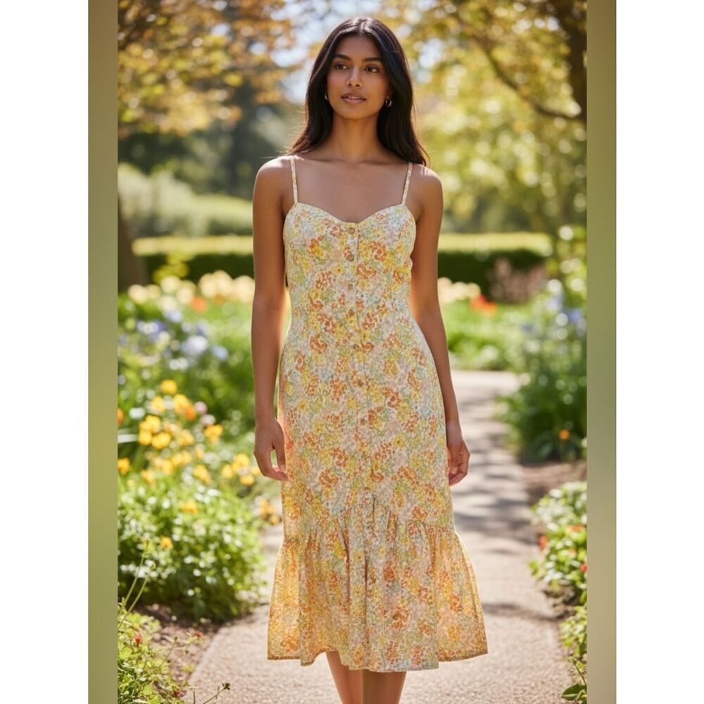 Mimi Chica Yellow Floral Midi Dress with Ruffle Hem
